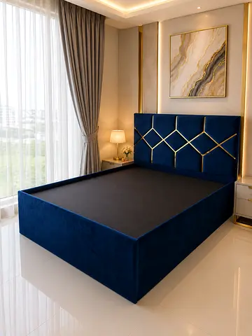Brand New Premium Quality King Bed 180×200Cm Blue Velvet Platform Bed with Geometric Headboard