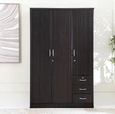 Dark Wood 3-Door Wardrobe with Drawers — Good Condition