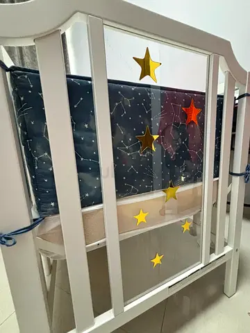 White Baby Crib with Constellation Bumper and Star Decals - never used