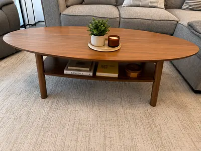 Mid-century Modern Oval Coffee Table with Lower Shelf - Walnut Finish