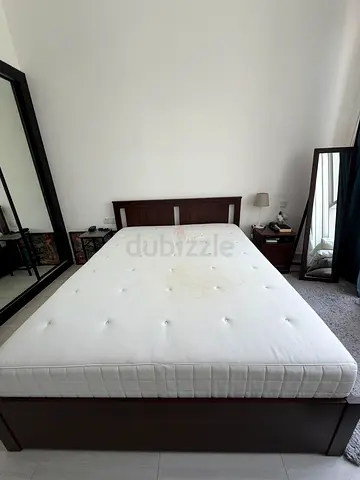 Dark Wood Queen Bed with Mattress, Side Table, Mirror  Bedside Cabinet - Good Condition