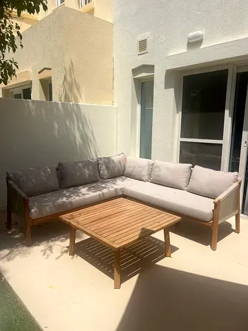 Wooden Outdoor Corner Sofa with Cushions and Coffee Table - Good Condition and only purchased in Nov