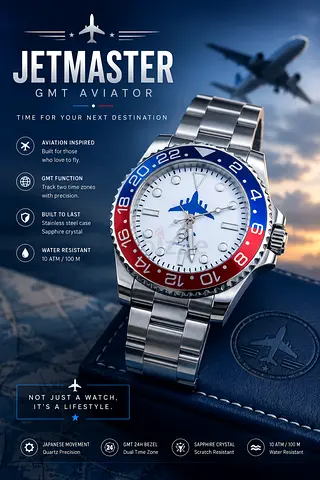 C17 spirit of Dubai Stainless Steel Mens GMT-Style Watch with Blue  Red Bezel