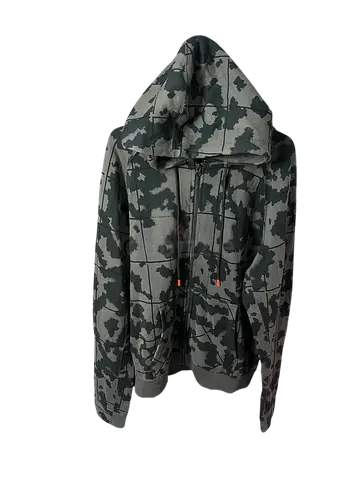 Grey/black camo zip-up hoodie with drawstring hood -