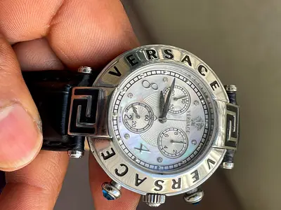 Versace Chronograph Mens Watch with Black Leather Strap, swiss made original