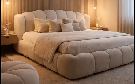 Beige Upholstered Plush Bed with Padded Headboard 180×200cm