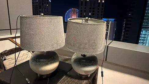 Pair of modern silver table lamps with fabric shades