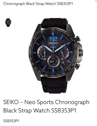 Seiko chronograph mens watch - black with blue accents, excellent condition with box