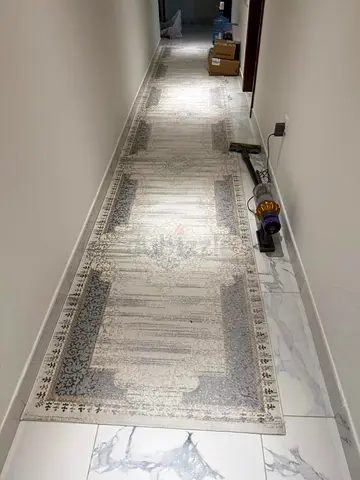 Long beige  grey runner rug — narrow hallway size