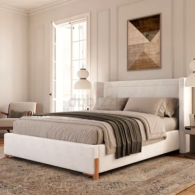 Smokey white soft velvet super king wide wings bed
