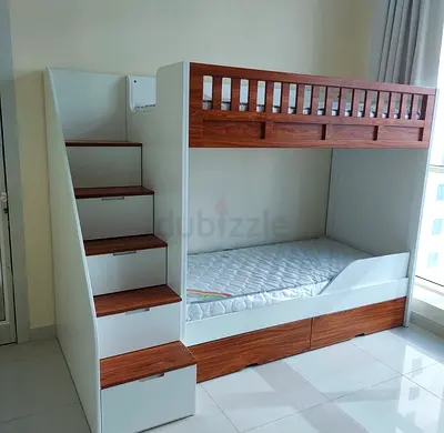 White and Wood Bunk Bed with Storage Stairs