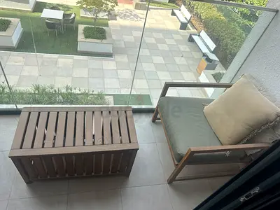 Wooden balcony lounge chair and slatted coffee table - good condition