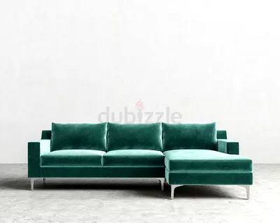 Green Velvet Corner Sofa with Right Chaise, Modern Design