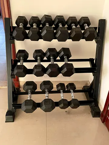 Hex Rubber Dumbbell Set (5kg - 12.5kg)  plus dumbbell rack