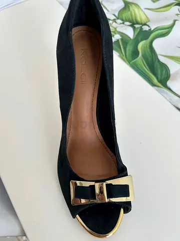Kazar Black Suede Peep Toe Heels with Gold Buckle Detail size 38