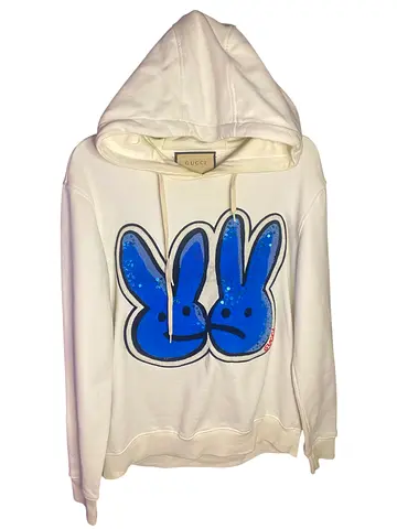 White Gucci Hoodie with Blue Bunny Sequin Graphic - Women’s