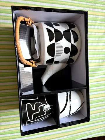 Ceramic Teapot Gift Set with Cups — Black White Geometric Design
