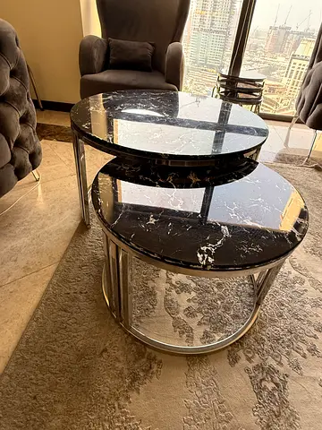 Set of 2 Round Black Marble Effect Nesting Coffee Tables with Chrome Legs
