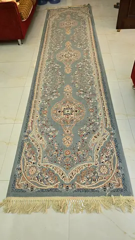 Light blue Persian-style long runner rug, good used condition