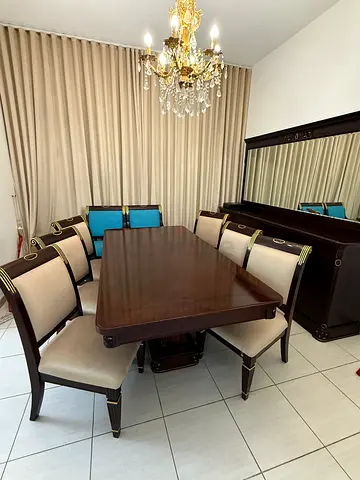 Elegant Solid Wood Mahogany Custom Design Luxury Dining Set – 8 Chairs + Buffet with Mirror