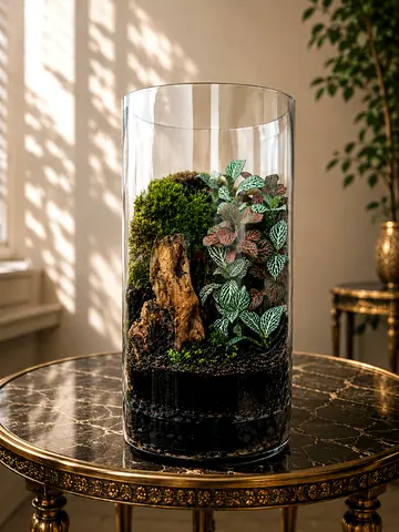 Glass Cylinder Terrarium with Live Moss and Fittonia