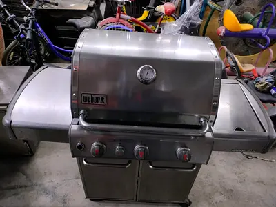 Weber 3-Burner Gas Grill with Side Shelves and Cabinet - Good Condition