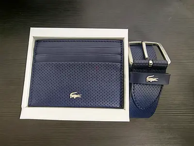 Lacoste navy leather card holder matching belt set