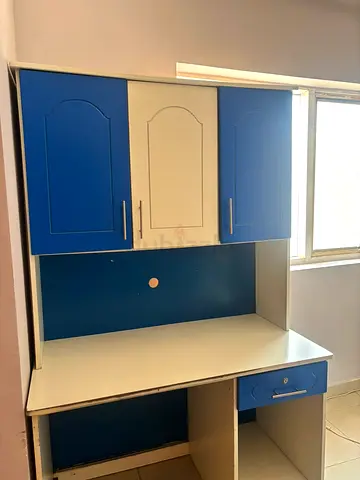 White and Blue Study Desk with Overhead Cabinets, Good Condition
