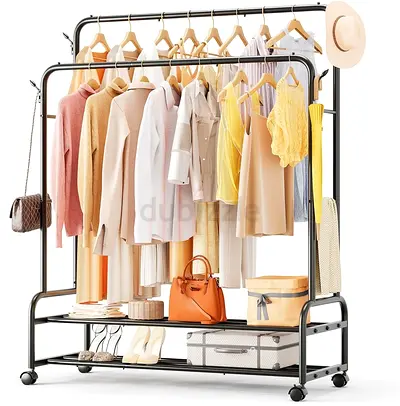 Clothes Rack Double Rail 60kg Load Capacity, Clothing Rack for Hanging Clothes with Wheels and 2-Tie