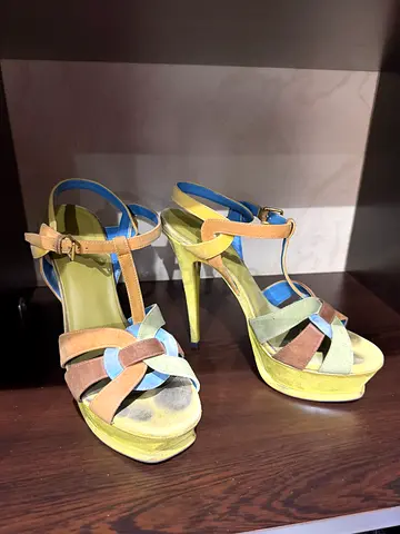 Colourful suede high heel sandals, size unknown - preowned