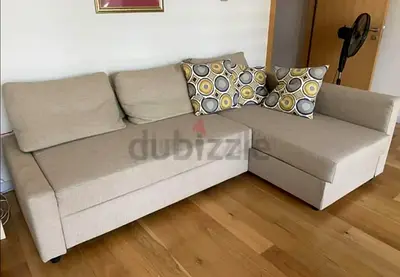 Beige L-shaped Fabric Sofa with Chaise - Good Condition