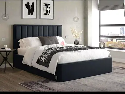 King Size Upholstered Platform Bed with Padded Headboard - Dark Grey