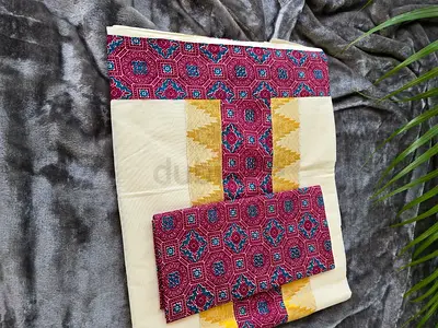 Kerala Kasavu Handloom Saree – Maroon Ajrakh Motif Design( Kalankari)