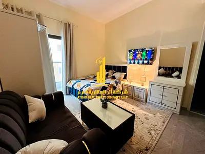 For monthly rent in Ajman - studio with a semi-detached kitchen and a balcony sea view, fully furnished, elegant furniture and a fully equipped kitche