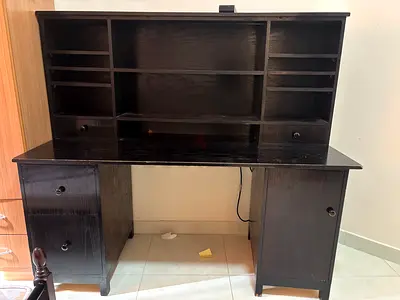 Solid dark wood study desk with hutch and storage drawers