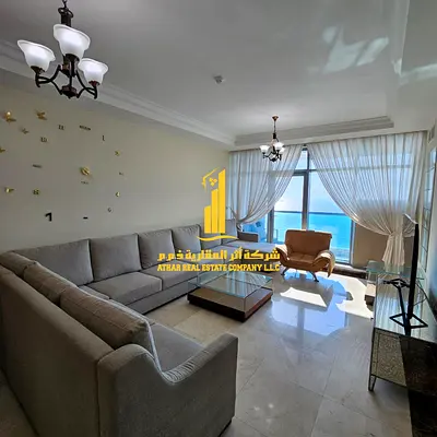 Luxury furnished duplex for monthly rent 🌟 3 bedrooms, living room, 2 balconies with sea views + maid's room on Ajman Corniche, Residence Towers