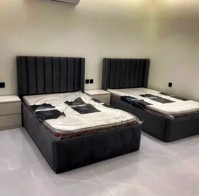 Set of  Single Upholstered Beds with Headboards – Grey, Like New