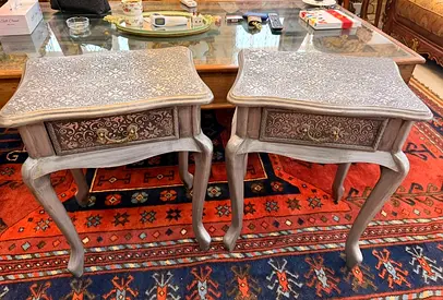 Pair of Hand-Painted Ornate Bedside Tables / Nightstands