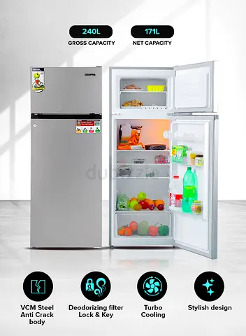 240L Top Freezer Refrigerator - Stainless Steel, Good Condition