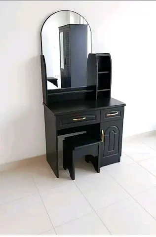 Black Wooden Dressing Table with Mirror and Stool
