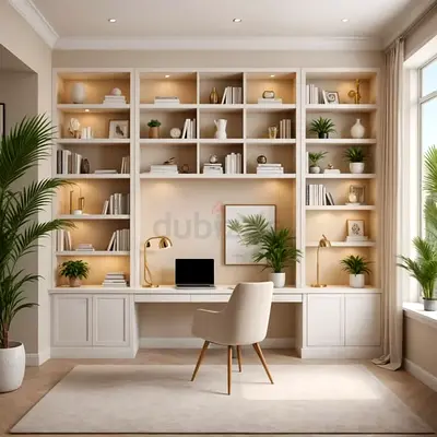 Built-in Wall Bookshelves with Desk — White, Modern Home Office Unit