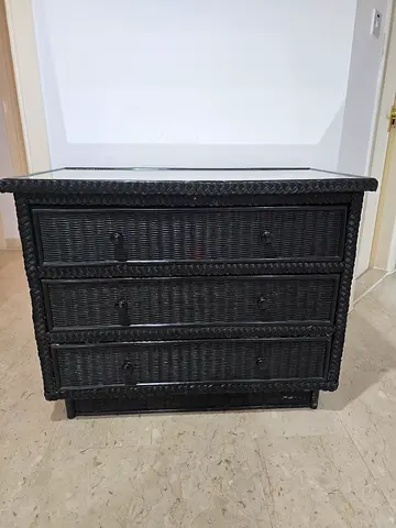 Black Wicker 3-Drawer Chest / Glass Top/ Good Condition