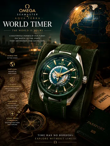 Mens Omega Seamaster Aqua Terra Worldtimer - Green Dial Rubber Strap