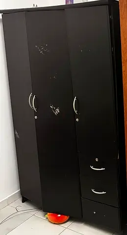 Used 3-Door Black Wardrobe with Drawers - Good for Storage