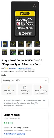 Sony CEA-G Tough 320GB CFexpress Type-A Memory Card - High Speed