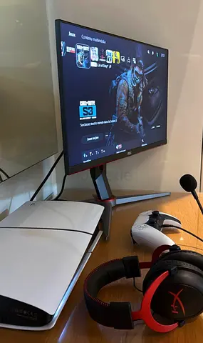 PlayStation 5 digital console with controller, headset and monitor setup full set box papers etc
