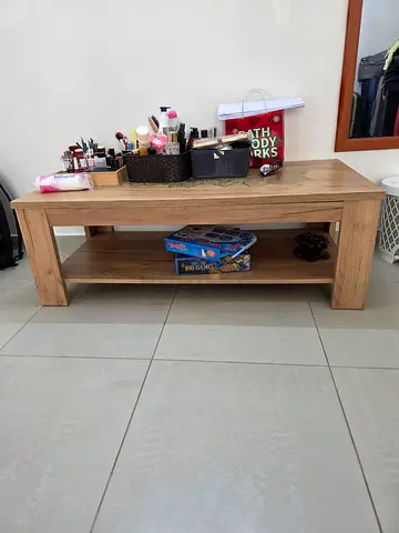 Solid Wood Coffee Table with Lower Shelf - Light Oak Finish