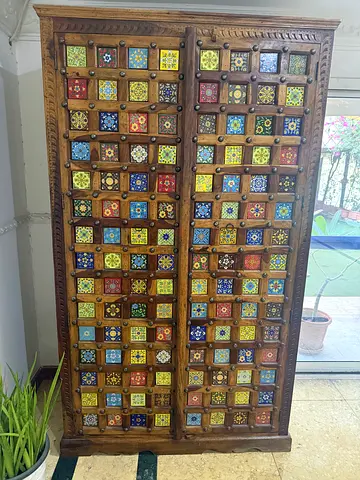 Large Handcrafted Solid Sheesham Cabinet | Hand-Painted Ceramic Tile Armoire