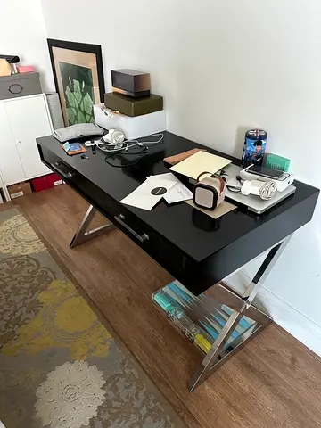 Black modern writing desk with metal legs - good condition
