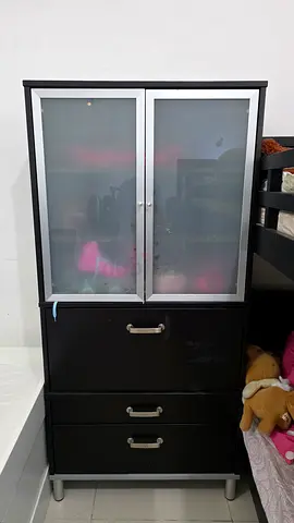 Black Storage Cabinet with Glass Doors and Drawers